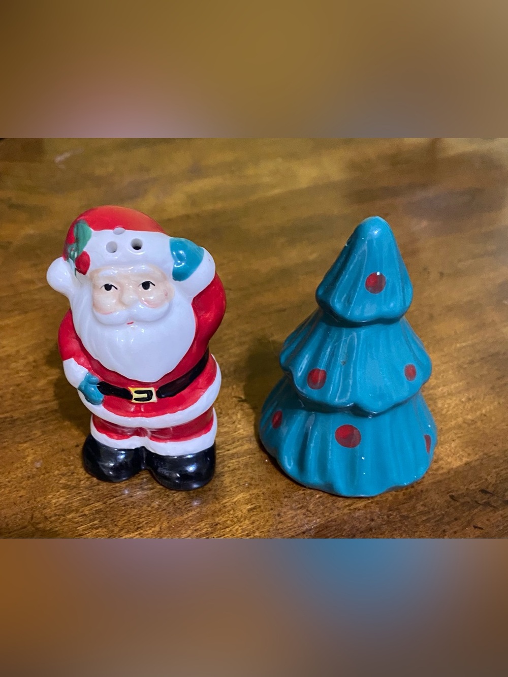 Ceramic Santa & Teal Christmas Tree Salt and Pepper Shakers